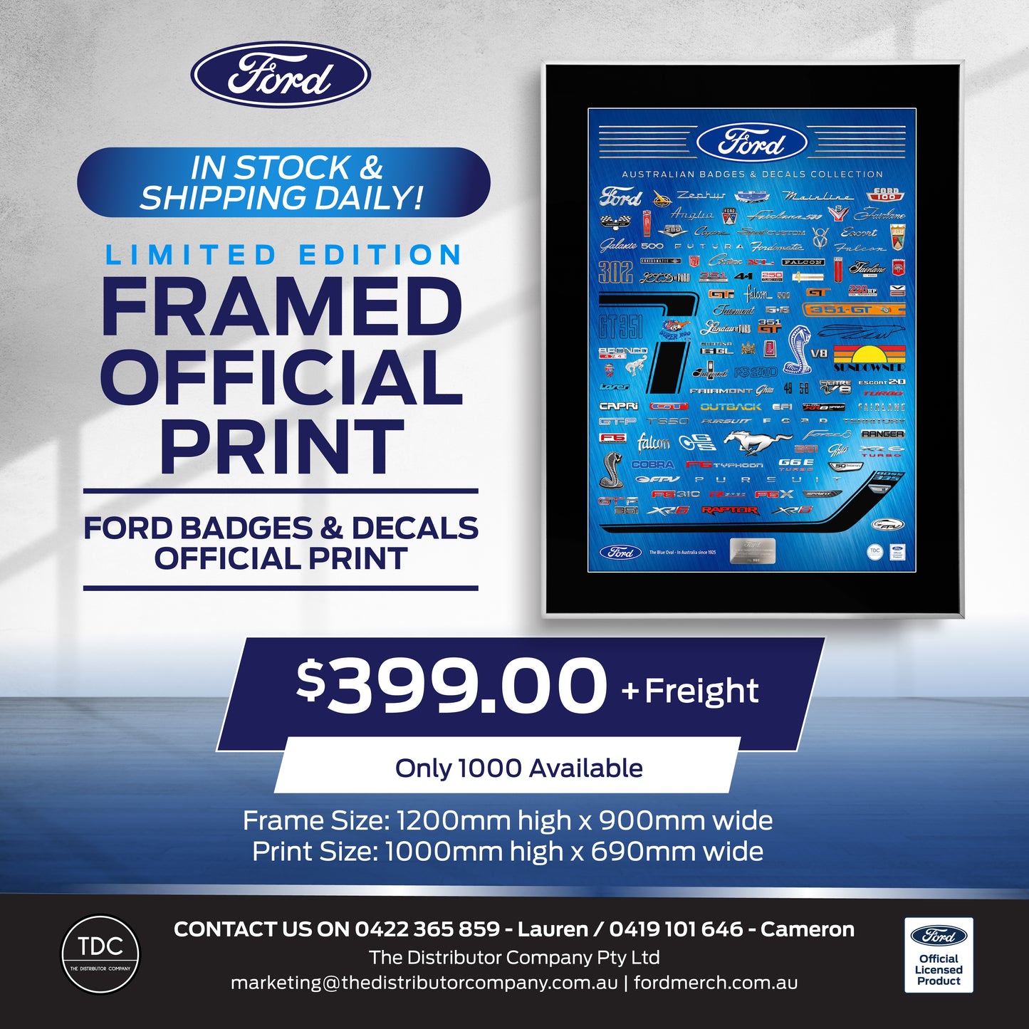 Limited Edition Framed Official Print - Ford Badges & Decals - (1200mm x 900mm)