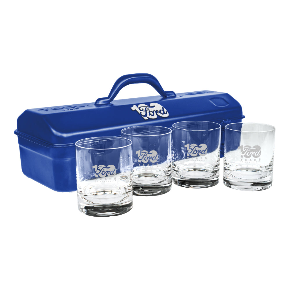 FORD TOOLBOX AND SET OF 4 GLASSES